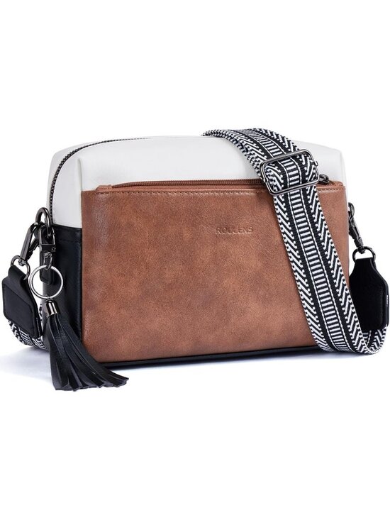 Handbags - Women's Black/White/Brown Leather Triple Zip Small Crossbody Bag with Card Slot
